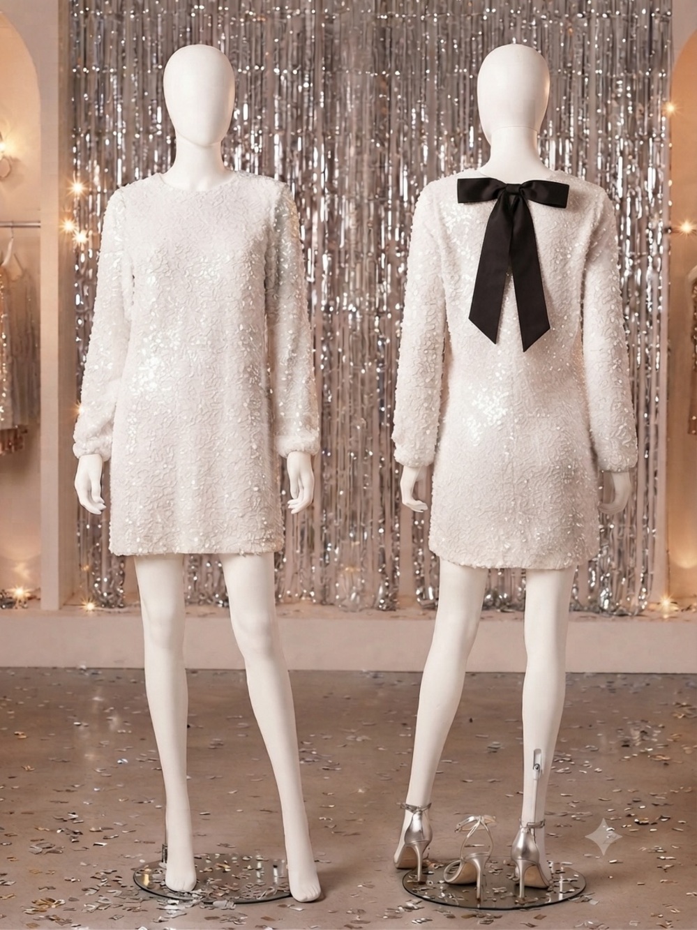 Stunning White Sequin Long Sleeve Mini Dress with Dramatic Back Black Bow sz XL